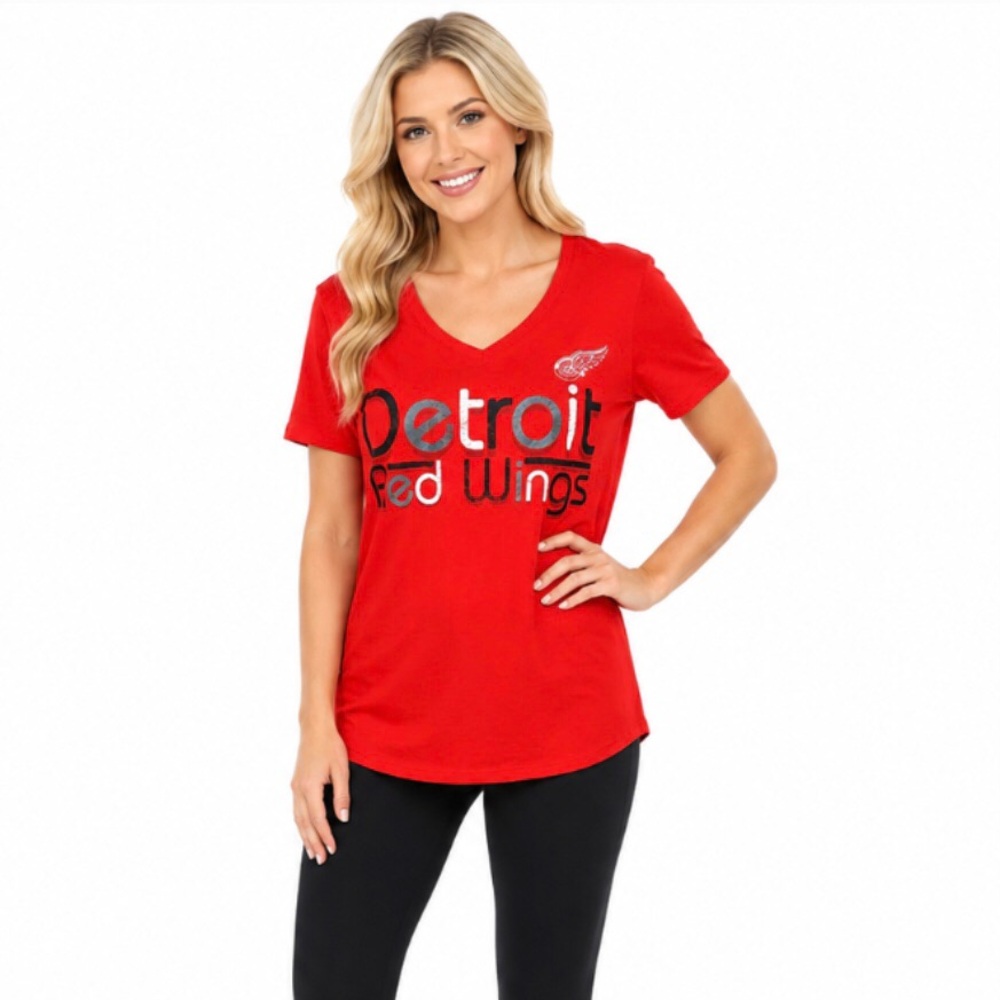 Detroit Red Wings Womens T Shirt Size Small 4/6 Red Block Logo V Neck Tee NHL